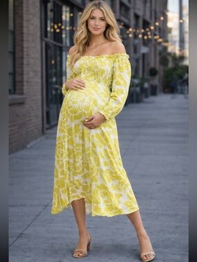 Hutch maternity off shoulder Lime and White Floral Midi Dress 38360